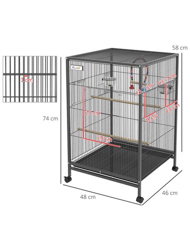 PawHut Bird Cage, Budgie Cage, with Rolling Stand, for Small Birds - Grey