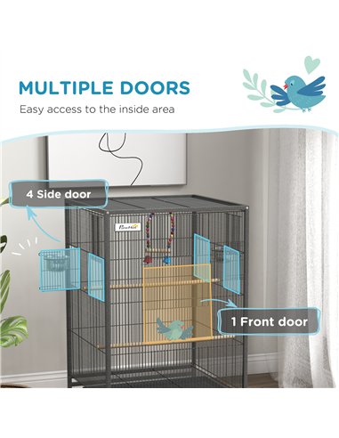 PawHut Bird Cage, Budgie Cage, with Rolling Stand, for Small Birds - Grey