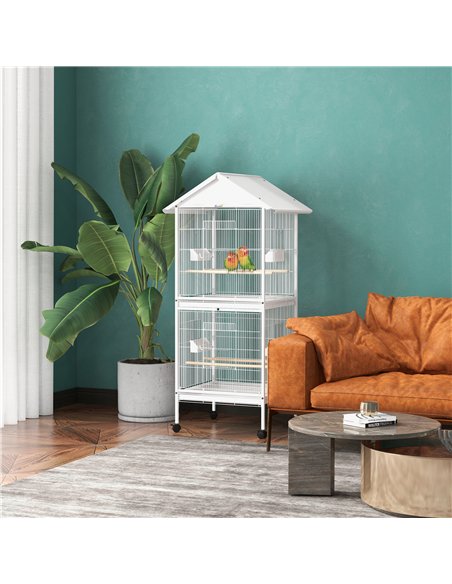 PawHut Budgie Cage with Rolling Stand, Perches, Wheels, Large Parrot Cage for Finch, Canary, Budgie, Cockatiel, White - pic 157993 | FastDaddyshop