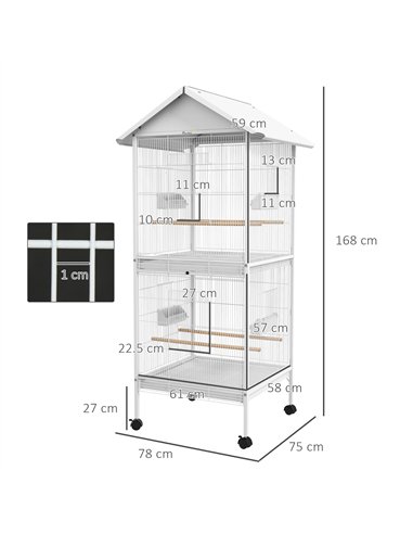 PawHut Budgie Cage with Rolling Stand, Perches, Wheels, Large Parrot Cage for Finch, Canary, Budgie, Cockatiel, White