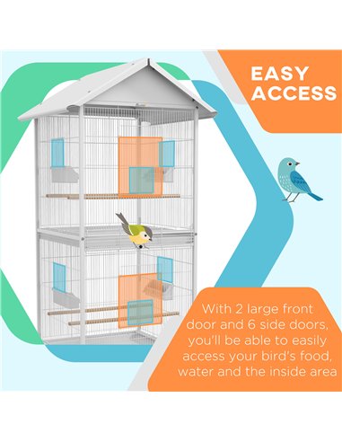 PawHut Budgie Cage with Rolling Stand, Perches, Wheels, Large Parrot Cage for Finch, Canary, Budgie, Cockatiel, White