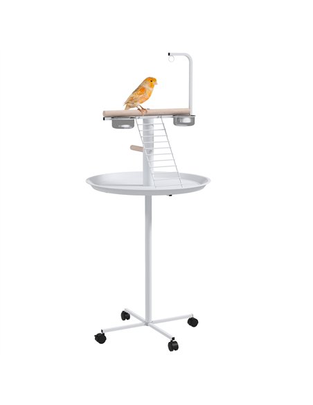 PawHut Bird Stand with Four Wheels, Perches, Stainless Steel Feed Bowls, Round Tray, for Garden, Indoor, Outdoor - White - pic 158010 | FastDaddyshop