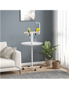 PawHut Bird Stand with Four Wheels, Perches, Stainless Steel Feed Bowls, Round Tray, for Garden, Indoor, Outdoor - White 2