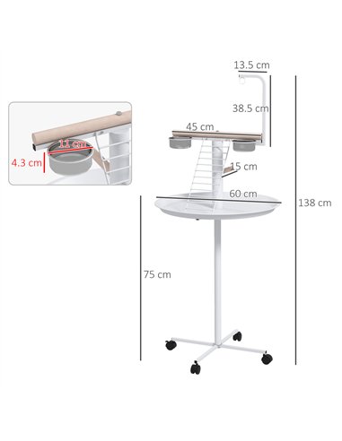 PawHut Bird Stand with Four Wheels, Perches, Stainless Steel Feed Bowls, Round Tray, for Garden, Indoor, Outdoor - White