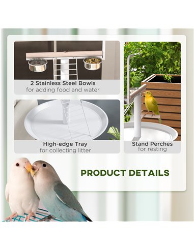 PawHut Bird Stand with Four Wheels, Perches, Stainless Steel Feed Bowls, Round Tray, for Garden, Indoor, Outdoor - White