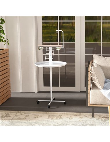 PawHut Bird Stand with Four Wheels, Perches, Stainless Steel Feed Bowls, Round Tray, for Garden, Indoor, Outdoor - White