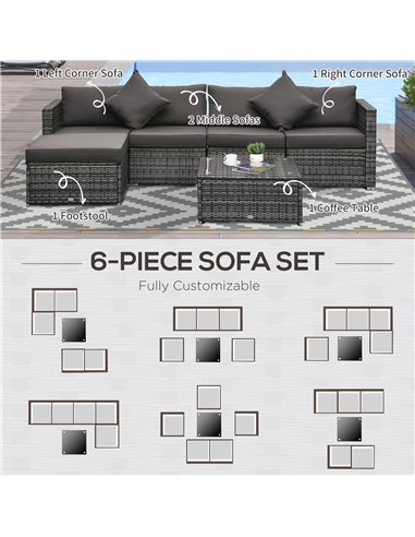 Outsunny 6 Pieces All-weather Rattan Corner Sofa Set with Coffee Table & Cushions, Mixed Grey