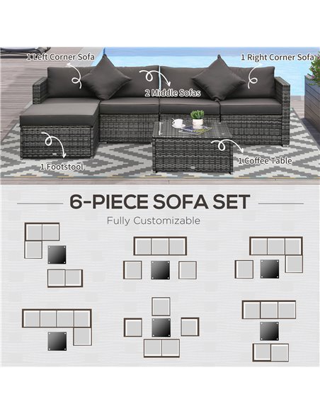 Outsunny 6 Pieces All-weather Rattan Corner Sofa Set with Coffee Table & Cushions, Mixed Grey - pic 15802 | FastDaddyshop
