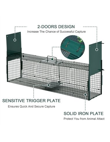 PawHut Two-Door Live Trap for Small Animals, Animal Trap for Rat, Mice - Dark Green