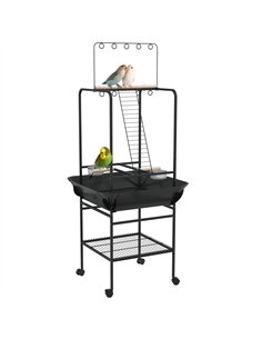 PawHut Steel Bird Table, Bird Feeder stand, with Perches, Stainless Steel Feed Bowls, Trays - Dark Grey
