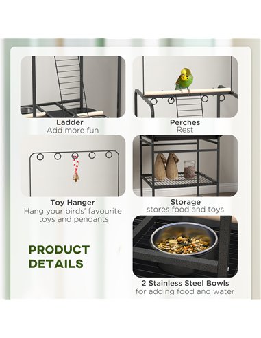 PawHut Steel Bird Table, Bird Feeder stand, with Perches, Stainless Steel Feed Bowls, Trays - Dark Grey