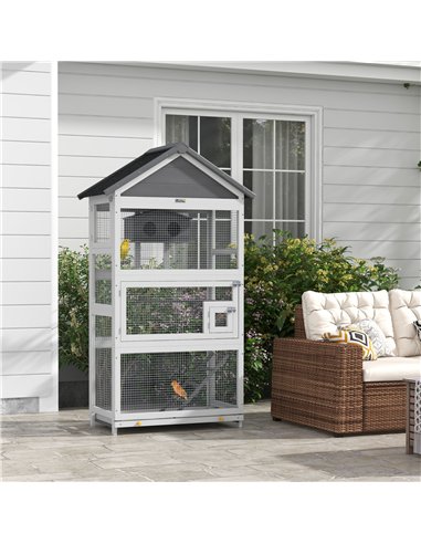PawHut Wooden Bird Cage, with Stand, for Finches, Parakeets, Small birds - Grey