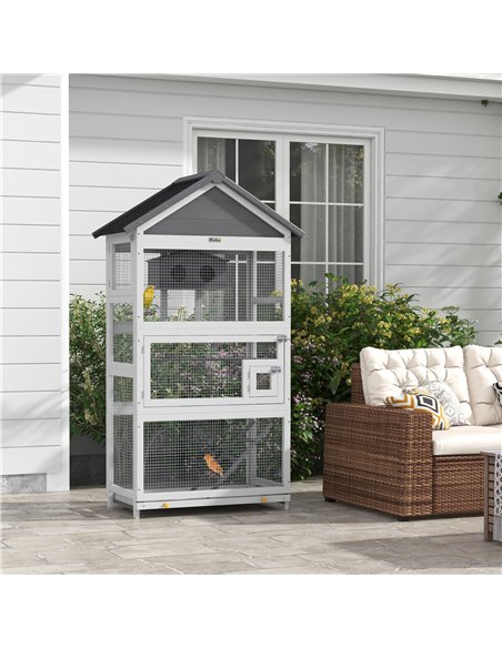 PawHut Wooden Bird Cage, with Stand, for Finches, Parakeets, Small birds - Grey - pic 158038 | FastDaddyshop