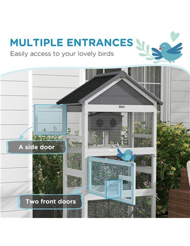 PawHut Wooden Bird Cage, with Stand, for Finches, Parakeets, Small birds - Grey