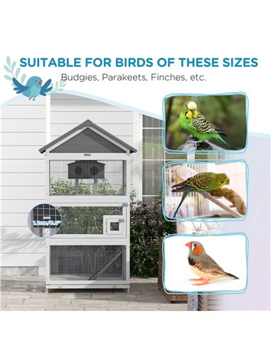 PawHut Wooden Bird Cage, with Stand, for Finches, Parakeets, Small birds - Grey