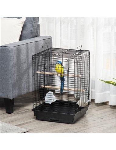 PawHut Steel Bird Cage with Openable Top, Stand, Tray, Handles, Feeding Bowls for Parakeet, Finch - Black