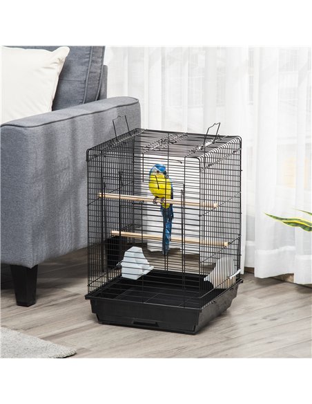 PawHut Steel Bird Cage with Openable Top, Stand, Tray, Handles, Feeding Bowls for Parakeet, Finch - Black - pic 158047 | FastDaddyshop