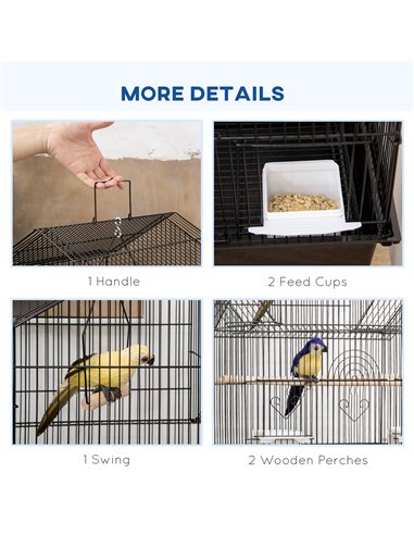 PawHut Metal Bird Cage with Plastic Swing, Perch, Food Container, Tray, Handle, for Finches, Canaries, Budgies, 43.5 x 33 x 121