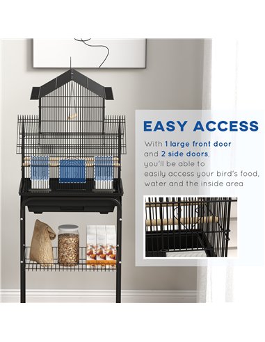 PawHut Metal Bird Cage with Plastic Swing, Perch, Food Container, Tray, Handle, for Finches, Canaries, Budgies, 43.5 x 33 x 121