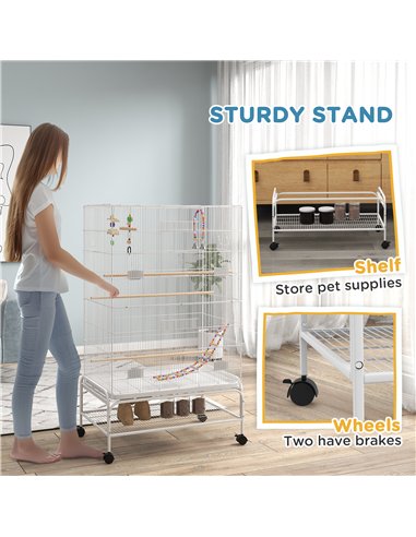 PawHut Bird Cage w/ Stand, Toys, Accessories, for Canaries, Finches, White