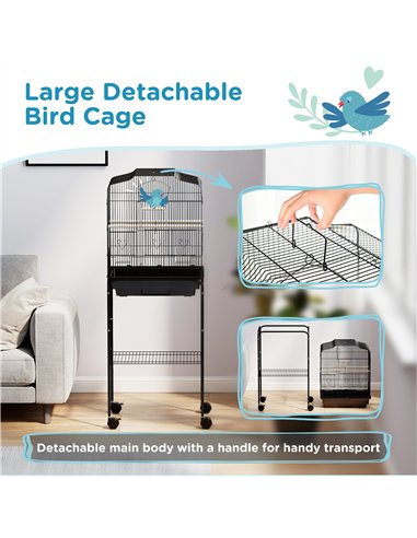 PawHut Bird Cage Budgie Cages for Finch Canary Parakeet with Stand Wheels Slide-out Tray Accessories Storage Shelf, Black