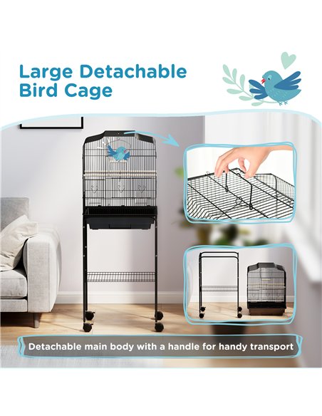 PawHut Bird Cage Budgie Cages for Finch Canary Parakeet with Stand Wheels Slide-out Tray Accessories Storage Shelf, Black - pic 158085 | FastDaddyshop