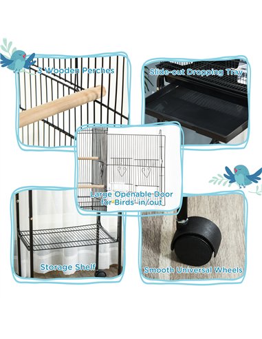 PawHut Bird Cage Budgie Cages for Finch Canary Parakeet with Stand Wheels Slide-out Tray Accessories Storage Shelf, Black