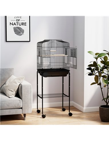 PawHut Bird Cage Budgie Cages for Finch Canary Parakeet with Stand Wheels Slide-out Tray Accessories Storage Shelf, Black