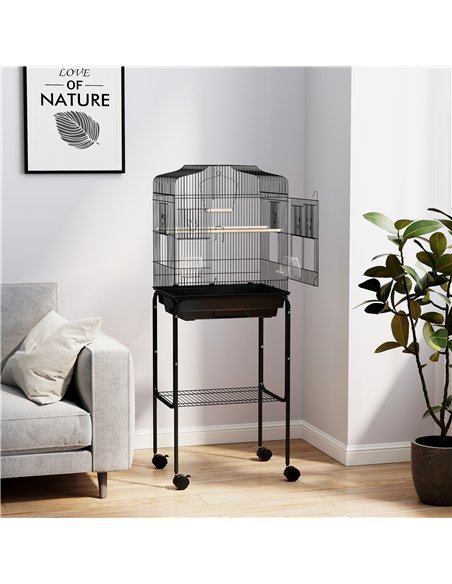 PawHut Bird Cage Budgie Cages for Finch Canary Parakeet with Stand Wheels Slide-out Tray Accessories Storage Shelf, Black - pic 158088 | FastDaddyshop