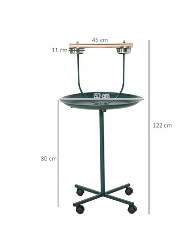 PawHut Bird Perch Stand with Four Wheels, Feeding Bowls, for Small, Medium Birds, Green