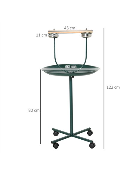 PawHut Bird Perch Stand with Four Wheels, Feeding Bowls, for Small, Medium Birds, Green - pic 158093 | FastDaddyshop