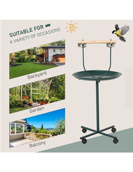 PawHut Bird Perch Stand with Four Wheels, Feeding Bowls, for Small, Medium Birds, Green - pic 158094 | FastDaddyshop