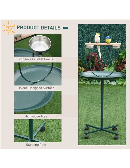 PawHut Bird Perch Stand with Four Wheels, Feeding Bowls, for Small, Medium Birds, Green - pic 158095 | FastDaddyshop