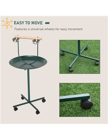 PawHut Bird Perch Stand with Four Wheels, Feeding Bowls, for Small, Medium Birds, Green