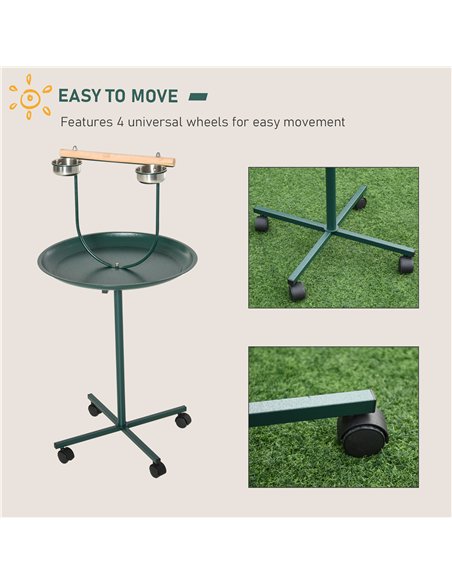 PawHut Bird Perch Stand with Four Wheels, Feeding Bowls, for Small, Medium Birds, Green - pic 158096 | FastDaddyshop