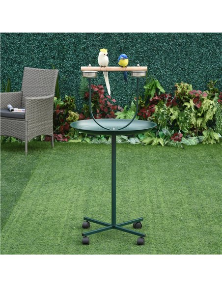 PawHut Bird Perch Stand with Four Wheels, Feeding Bowls, for Small, Medium Birds, Green - pic 158099 | FastDaddyshop