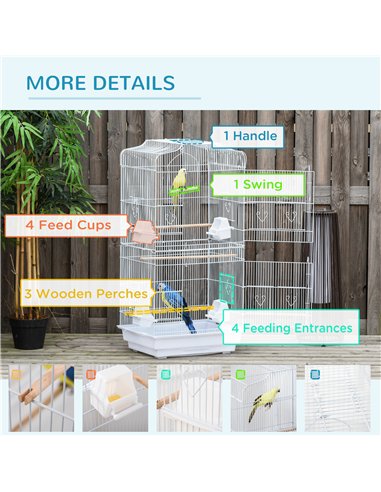 PawHut Large Metal Bird Cage with Perches, Food Bowls, Swing, for Budgies, Parakeets, White