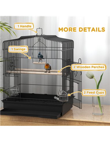 PawHut Large Metal Bird Cage with Perches, Food Bowls, Swing, for Budgies, Parakeets, Black