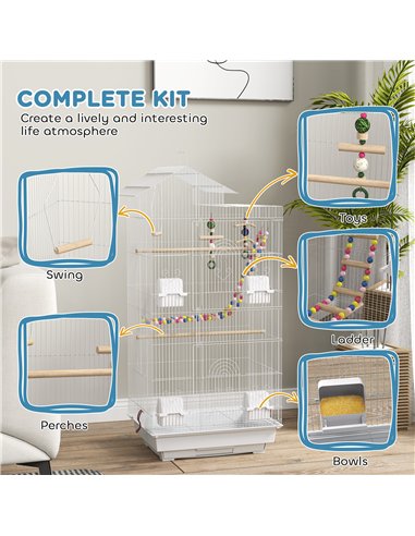 PawHut Bird Cage for Budgies, Finches, Canaries w/ Accessories, Toys, Tray, White