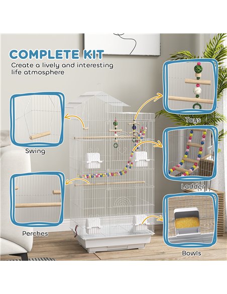 PawHut Bird Cage for Budgies, Finches, Canaries w/ Accessories, Toys, Tray, White - pic 158121 | FastDaddyshop
