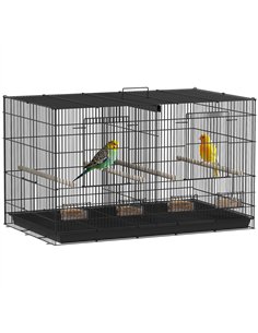 PawHut Bird Cage with Divider, 4 Wooden Perches, Slide Out Tray, 4 Feeders, for Budgie, Lovebird, Canary, 76 x 46 x 46cm, Black