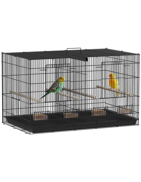 PawHut Bird Cage with Divider, 4 Wooden Perches, Slide Out Tray, 4 Feeders, for Budgie, Lovebird, Canary, 76 x 46 x 46cm, Black - pic 158127 | FastDaddyshop