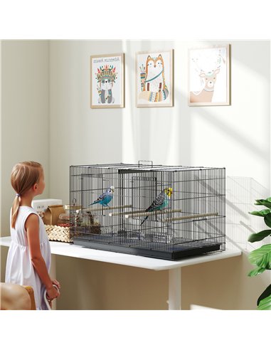 PawHut Bird Cage with Divider, 4 Wooden Perches, Slide Out Tray, 4 Feeders, for Budgie, Lovebird, Canary, 76 x 46 x 46cm, Black