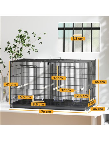 PawHut Bird Cage with Divider, 4 Wooden Perches, Slide Out Tray, 4 Feeders, for Budgie, Lovebird, Canary, 76 x 46 x 46cm, Black