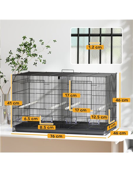 PawHut Bird Cage with Divider, 4 Wooden Perches, Slide Out Tray, 4 Feeders, for Budgie, Lovebird, Canary, 76 x 46 x 46cm, Black - pic 158129 | FastDaddyshop