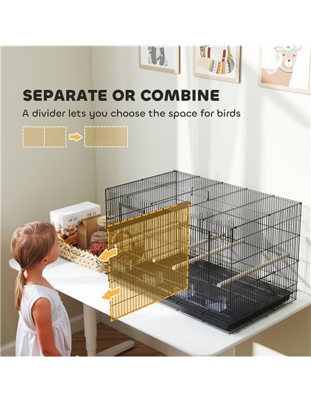 PawHut Bird Cage with Divider, 4 Wooden Perches, Slide Out Tray, 4 Feeders, for Budgie, Lovebird, Canary, 76 x 46 x 46cm, Black - pic 158130 | FastDaddyshop