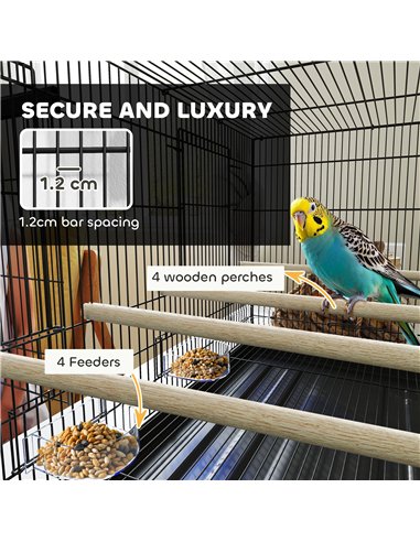 PawHut Bird Cage with Divider, 4 Wooden Perches, Slide Out Tray, 4 Feeders, for Budgie, Lovebird, Canary, 76 x 46 x 46cm, Black