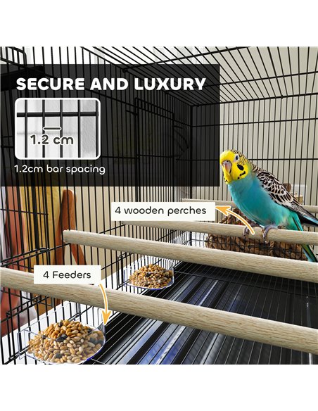 PawHut Bird Cage with Divider, 4 Wooden Perches, Slide Out Tray, 4 Feeders, for Budgie, Lovebird, Canary, 76 x 46 x 46cm, Black - pic 158131 | FastDaddyshop