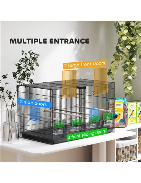 PawHut Bird Cage with Divider, 4 Wooden Perches, Slide Out Tray, 4 Feeders, for Budgie, Lovebird, Canary, 76 x 46 x 46cm, Black - pic 158132 | FastDaddyshop