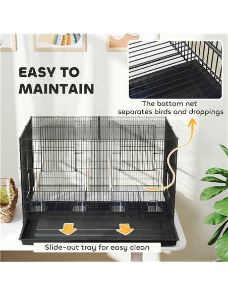 PawHut Bird Cage with Divider, 4 Wooden Perches, Slide Out Tray, 4 Feeders, for Budgie, Lovebird, Canary, 76 x 46 x 46cm, Black - pic 158133 | FastDaddyshop